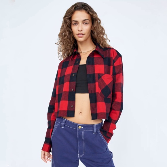 Aritzia Tops - Aritzia | TNA | Plaid Cropped Button Up Flannel Oversized Shirt Size XS